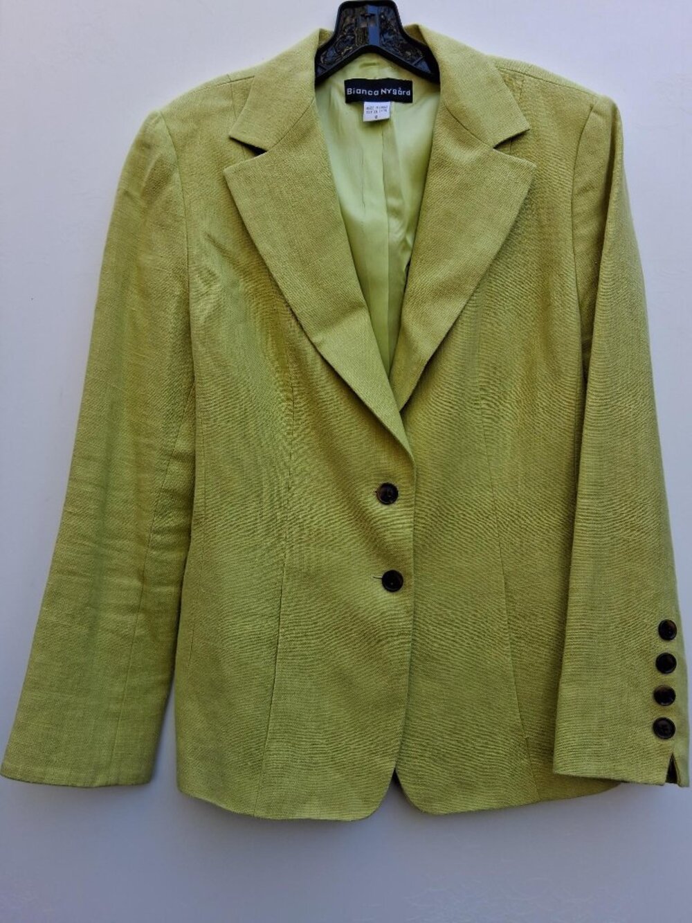 Vintage BIANCA NYGARD classic lined linen blazer, greenish yellow (size 10)